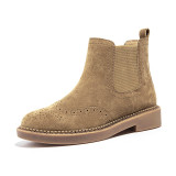 Chelsea Boots Women Elastic Ankle Pig Suede Brogue Boot Genuine Leather Quality Brand Lady Shoes Handmade