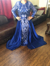 Hot sale Elegant Muslim Green Long Sleeves Evening Dresses With Detachable Train Sequin Bling Moroccan Kaftan Formal Party Gown