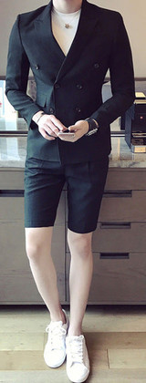 Summer khaki Men Suit With Short Pants Double Breasted Slim Fit blue Male Blazer Party Wear black Men wedding suit Tuxedo
