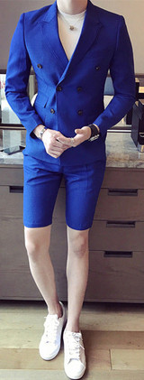 Summer khaki Men Suit With Short Pants Double Breasted Slim Fit blue Male Blazer Party Wear black Men wedding suit Tuxedo