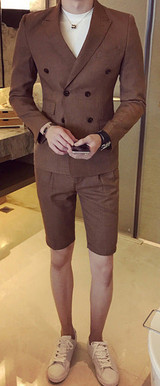 Summer khaki Men Suit With Short Pants Double Breasted Slim Fit blue Male Blazer Party Wear black Men wedding suit Tuxedo