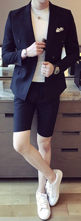 Summer khaki Men Suit With Short Pants Double Breasted Slim Fit blue Male Blazer Party Wear black Men wedding suit Tuxedo