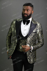 2020 Peaked Lapel Slim Fit Black Gold Jacquard Smoking Tuxedo Groom Dinner Party Suit Men 3 Piece Wedding Dress Best Man Suit