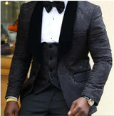 2020 Peaked Lapel Slim Fit Black Gold Jacquard Smoking Tuxedo Groom Dinner Party Suit Men 3 Piece Wedding Dress Best Man Suit