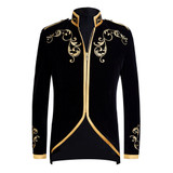PYJTRL British Style Palace Prince Fashion Black Velvet Gold Embroidery Blazer Wedding Groom Slim Fit Suit Jacket Singers Coat