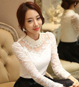 Dingaozlz elegant long sleeve bodysuit beaded Women lace blouse shirts crochet tops blusas Mesh Chiffon blouse female clothing