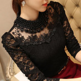 Dingaozlz elegant long sleeve bodysuit beaded Women lace blouse shirts crochet tops blusas Mesh Chiffon blouse female clothing