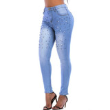 Women Jeans Pants Skinny Pearl Beaded Front Jeans