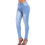 Women Jeans Pants Skinny Pearl Beaded Front Jeans