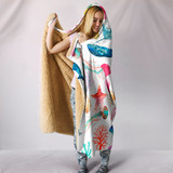 Watercolor Ocean Hooded Blanket with Whales and Fish