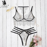 Leechee Women Bra set New Sexy Lingerie set Halter Transparent Bralette+Thong set Bandage Lingerie Plus size Lace Underwear set