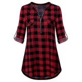 Feitong Autumn Women's Zip Plaid Blouse Sexy Ladies V Neck Long Sleeve Casual Shirt Tops Blouses blusas mujer de moda 2020 New
