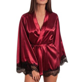 Women Satin Robes Mini Dress Sleepwear Lace Lingerie Bathrobe Ladies Sexy Robe Nightwear Robe Nightdress dressing gown 2020 New