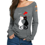 Feitong Women Ladies T Shirts Sexy Off Shoulder Cat Love Prints Long Sleeve Tops Tee Shirt vetement femme camiseta mujer 2018