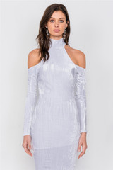 White Velvet Halter Crushed Cold Shoulder Turtleneck Long Sleeve Back Slit Midi Dress