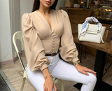 Lantern Sleeve V Neck Crop Tops Elegant Shirts Black Blouses