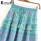 Floral Print Tassels Sashes Elastic Waist Vintage Boho Bohemian Skirts
