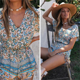 Sexy Floral Printed Casual V Neck Short Sleeve Vintage Boho Bohemian Rompers