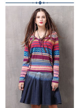 Cotton Wool V-Neck Long Sleeve Stripe Knitting Boho Bohemian Sweaters