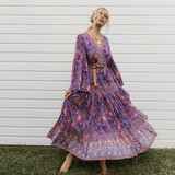 Loose Floral Printed Sleeve V Neck Vintage Boho Bohemian Dress