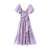Floral Print Chic Silk Imitation Bow Sashes Boho Bohemian Dress