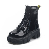 Black Ankle Flats Round Toe Black Lace-up Boots
