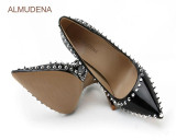 Silver Rivets Pumps Stiletto Black Patent Leather Heels