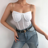 Metal Chain Straps Striped Mesh Fishnet Sexy Backless Bodysuits