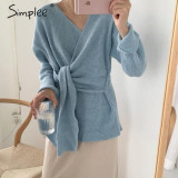 Casual bow tie Elegant solid v-neck knitted jumper sweater