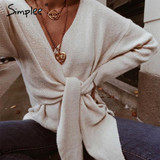 Casual bow tie Elegant solid v-neck knitted jumper sweater