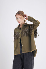 Vintage Stylish Fringe Beaded Loose Denim Jacket