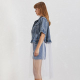 Mesh Patchwork Lapel Short Sleeve Ruffles Button Loose Denim Jackets