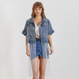 Mesh Patchwork Lapel Short Sleeve Ruffles Button Loose Denim Jackets