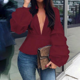 Sexy V neck Long Lantern Sleeve Elegant Blouse