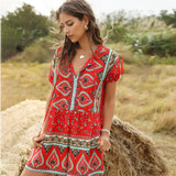 Floral Print Loose Short Sleeve V Neck Sexy Vintage Boho Bohemian Rompers