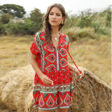 Floral Print Loose Short Sleeve V Neck Sexy Vintage Boho Bohemian Rompers