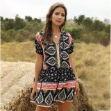 Floral Print Loose Short Sleeve V Neck Sexy Vintage Boho Bohemian Rompers