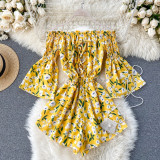 off shoulder sexy floral print flare sleeve Boho Bohemian Rompers