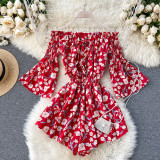 off shoulder sexy floral print flare sleeve Boho Bohemian Rompers