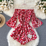 off shoulder sexy floral print flare sleeve Boho Bohemian Rompers