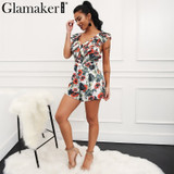 Flower print ruffle Backless Boho Bohemian Rompers