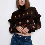 turtleneck with floral embroidery flare long sleeve Boho Bohemian Sweaters
