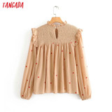pleated embroidery khaki long sleeve solid o-neck elegant Bohemian Blouse Shirts