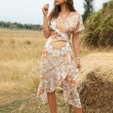 Casual V Neck Floral Print Short sleeve Boho Bohemian Dress