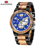Natural Sport Quartz Blue Three Sub Dial Date Display Wood Watches