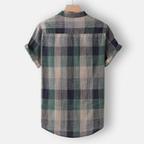 Cotton Linen Plaid Stand Collar Short Sleeve Shirts