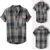 Cotton Linen Plaid Stand Collar Short Sleeve Shirts