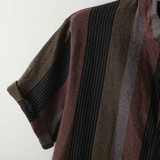 Strip Print Stand Collar Linen Short Sleeve Shirts