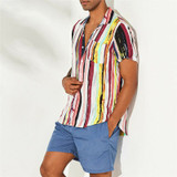 Striped Shirts Casual Loose Print Hawaiian Short Sleeve Shirts