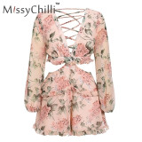 Sexy v neck backless Elegant pink ruffle Rompers Sexy v neck backless Elegant pink ruffle Rompers